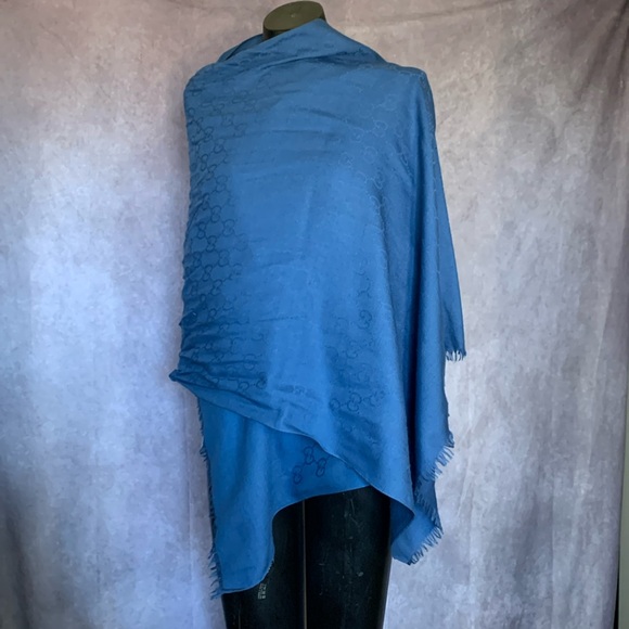 Gucci Blue Monogram Wool Silk Scarf Shawl Wrap - Picture 1 of 7